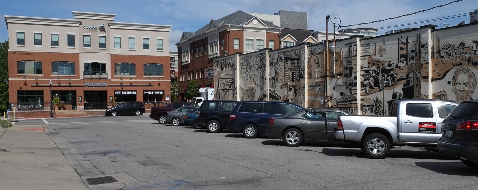 Row of cars parked on Main Street in Gahanna Ohio