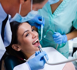 Patient smiling during checkup with Gahanna dentist