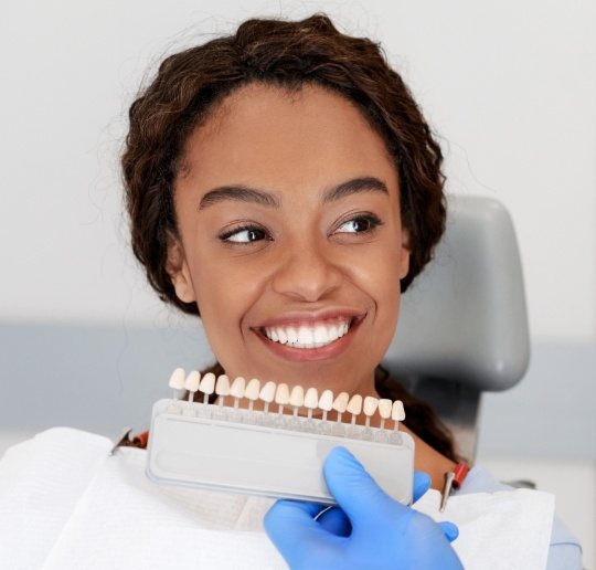 Woman's smile compared with porcelain veneer color chart